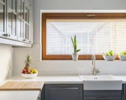 Light kitchen with wood Venetian blinds Wood Venetian kitchen blinds
