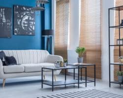 Living room interior with wood venetian blinds. wood venetian blinds